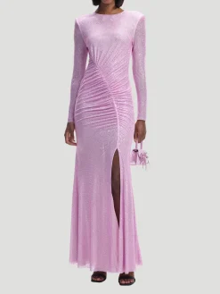 Pink Rhinestone Mesh Maxi Dress