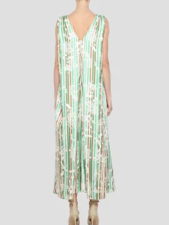 Pleat Front V-Neck Watteau Back Dress in Ecru Multi