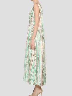 Pleat Front V-Neck Watteau Back Dress in Ecru Multi