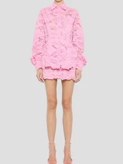 Poet Sleeve Button Down Peplum Shirt in Aurora Pink