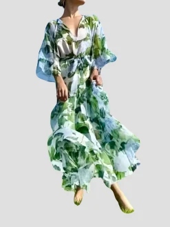 Praire Floral Silk Chiffon Maxi Dress in Green and White