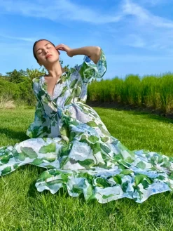 Praire Floral Silk Chiffon Maxi Dress in Green and White