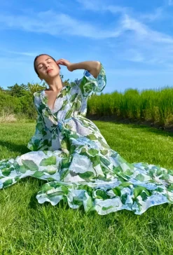 Praire Floral Silk Chiffon Maxi Dress in Green and White
