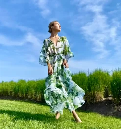 Praire Floral Silk Chiffon Maxi Dress in Green and White