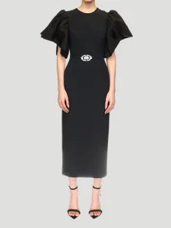 Puff Sleeve & Buckle Embroidered Detail Midi Dress
