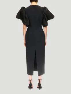 Puff Sleeve & Buckle Embroidered Detail Midi Dress