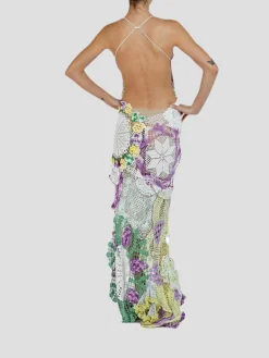 Purple & Yellow Cotton Crochet Lace Long Dress