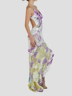 Purple & Yellow Cotton Crochet Lace Long Dress