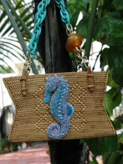 Raffia Handbag with Blue Seahorse