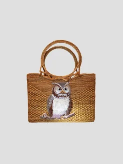 Raffia Tote with Embroidered Owl
