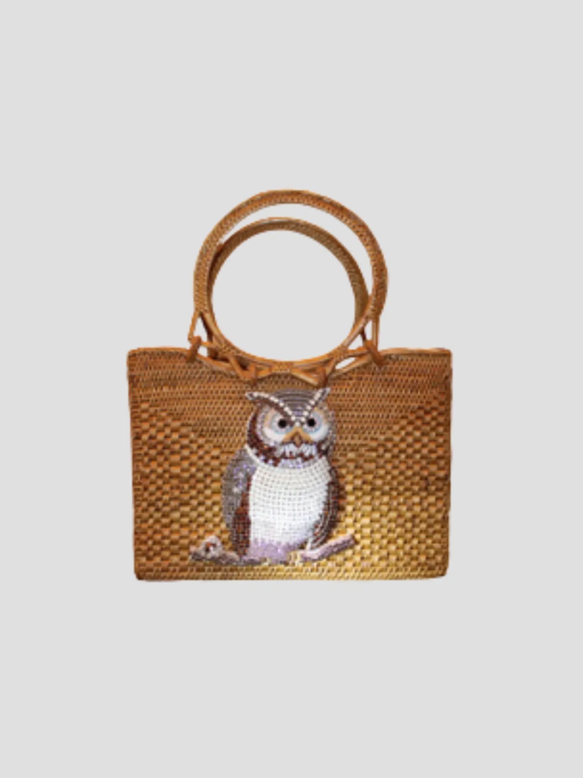 Raffia Tote with Embroidered Owl
