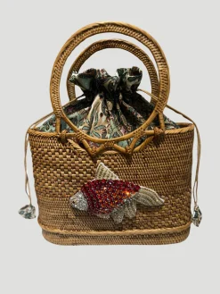 Raffia Tote with Embroidered Fish