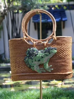 Raffia Tote with Green Bullfrog