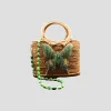 Raffia Tote with Green Butterfly and Gemstone Strap