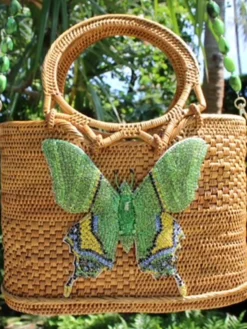 Raffia Tote with Green Butterfly and Gemstone Strap
