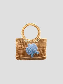 Raffia Tote with Ocean Sea Turtle