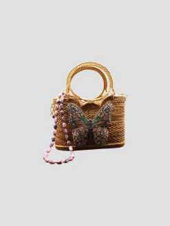 Raffia Tote with Pink Butterfly and Gemstone Strap