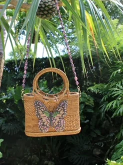 Raffia Tote with Pink Butterfly and Gemstone Strap