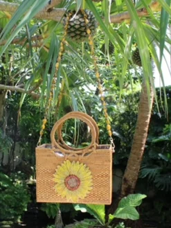 Raffia Tote with Sunflower and Gemstone Straps