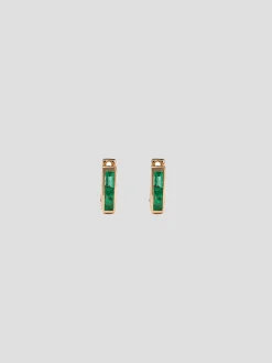Rose Gold Chubby Square Huggie Earrings w/ Emerald Baguettes
