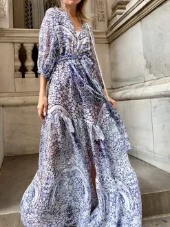 Santorini Maxi Dress in Blue and White