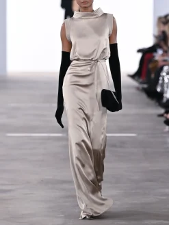Satin Boat Neck Gown in Gold