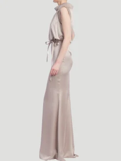 Satin Boat Neck Gown in Gold
