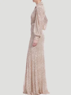 Sequin Long Sleeve V-Neck Shirt Gown