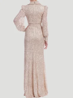 Sequin Long Sleeve V-Neck Shirt Gown