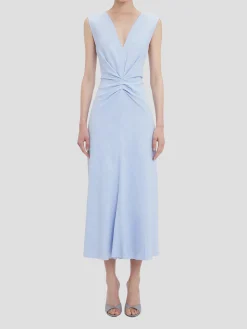 Sleeveless Gathered Waist Midi Dress in Bluebell