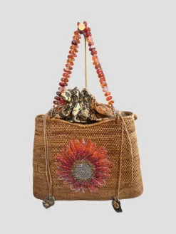 Swarovski Embroidered Sunflower Raffia Bag with Semi Precious Gemstone
