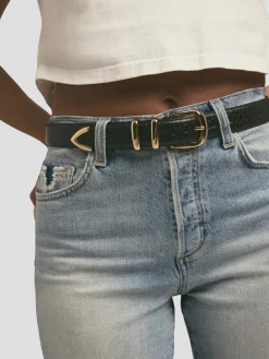 The Jordan Croc Embossed Belt in Brown and Gold