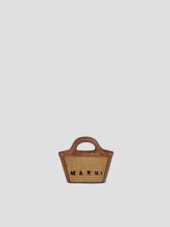 Tropicalia Micro Bag in Brown Leather and Raffia-effect Fabric