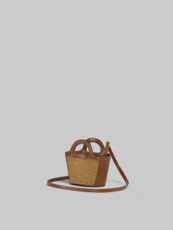 Tropicalia Micro Bag in Brown Leather and Raffia-effect Fabric