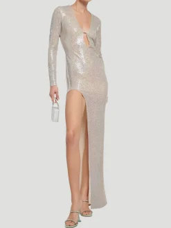 V-Neck Sequin Jersey Split Gown in Silver
