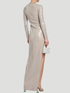 V-Neck Sequin Jersey Split Gown in Silver