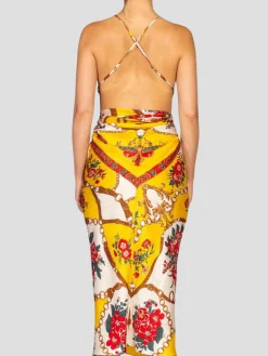 Yellow & Red Bias Cut Silk Jacquard Sagittarius Multi-Way Scarf Dress