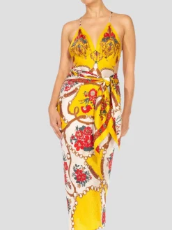 Yellow & Red Bias Cut Silk Jacquard Sagittarius Multi-Way Scarf Dress