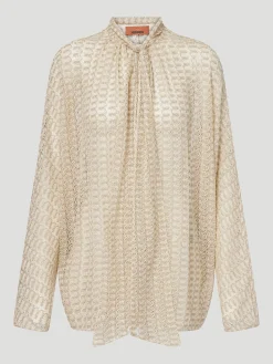 Zigzag Tie-Neck Lamé Blouse